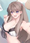  1girl blurry blurry_background bra breasts brown_hair cleavage collarbone fujishima_megumi hair_between_eyes highres large_breasts link!_like!_love_live! long_hair looking_at_viewer love_live! nasuno_(nasuno42) navel open_mouth purple_eyes selfie smile solo teeth underwear white_bra 