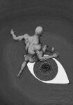  1boy ass barefoot commentary_request completely_nude disembodied_eye eye_focus eyeball from_above graphite_(medium) greyscale highres horror_(theme) jumping kudarana10 male_focus monochrome muscular muscular_male nude original simple_background solo surreal toes traditional_media 