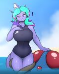  ambiguous_gender anthro bangs beach big_breasts black_clothing black_swimwear blue_body breasts clothing cloud colored_nails coral_(umbrotheumbreon) curvy_figure duo eeveelution exclamation_point eyebrows female female/ambiguous feral frill_(anatomy) generation_1_pokemon glistening glistening_body glistening_clothing glistening_skin glistening_swimwear grey_tentacles hair hand_above_breast hand_on_head head_crest head_frill hexteknik hi_res hourglass_figure huge_breasts looking_down magenta_hair magenta_highlights membrane_(anatomy) membranous_frill nails navel nintendo one-piece_swimsuit open_mouth parted_bangs partially_submerged pokemon pokemon_(species) purple_body purple_eyes purple_skin raised_eyebrow sand seaside shiny_pokemon sky solo_focus swimwear tail teal_hair tentacle_around_leg tentacles tentacles_around_legs tentacruel thigh_gap vaporeon water wide_hips 
