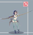 1girl aiming aiming_at_viewer arrow_(projectile) belt_pouch black_footwear black_hair blue_eyes blue_shirt blue_skirt blue_thighhighs bow_(weapon) bra cape collared_shirt drawing_bow full_body grey_background hair_ornament hair_over_one_eye hairclip highleg highleg_panties highres holding holding_bow_(weapon) holding_weapon kearful midriff miniskirt navel original panties platform_footwear platform_heels pointy_ears potion pouch shirt short_hair side_slit simple_background skirt smile thighhighs underwear weapon 