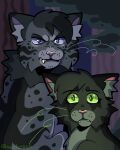  absurd_res ashfur_(warriors) black_body black_fur detailed_background domestic_cat duo fangs felid feline felis female feral fur green_sclera grey_body grey_fur hi_res hollyleaf_(warriors) male mammal newtcreek plant teeth tree warriors_(cats) 