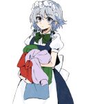  1girl apron back_bow blue_dress blue_eyes bow bowtie braid cowboy_shot dress green_bow green_bowtie grey_hair hair_bow highres holding izayoi_sakuya laundry looking_at_viewer maid_headdress medium_hair shirt short_sleeves simple_background solo suehachi_(hikage) touhou twin_braids waist_apron white_background white_shirt 