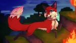  canid canine dipstick_tail feral fox fur hi_res lying mammal markings note open_mouth outside purple_eyes red_body red_fur rope rukifox solo tail tail_markings vixy_(hyilpi) 