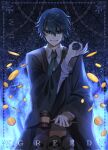 1boy akutoku_no_judgement_(vocaloid) backlighting black_robe blue_background blue_eyes blue_fire blue_hair blue_nails chain coin collared_shirt evil_eyes evil_grin evil_smile evillious_nendaiki fire gallerian_marlon gavel gold_coin grin hammer highres holding holding_hammer holding_mallet izumi_481 judge kaito_(vocaloid) looking_at_viewer mallet money_gesture open_clothes open_robe project_sekai robe shaded_face shirt skull smile solo white_shirt 