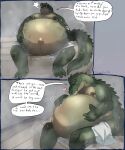  &lt;3 alligator alligatorid anthro barazoku belly belly_kiss belly_rub big_belly big_tail bodily_fluids breath comic crocodilian dialogue digital_media_(artwork) digitigrade fluximus_(flux) green_body green_scales hands_on_stomach hi_res huge_tail hyper hyper_belly hyper_pregnancy male maleherm_(lore) multicolored_body multicolored_scales muscular muscular_anthro muscular_male navel nipple_piercing nipples outie_navel pecs piercing pregnant pregnant_anthro pregnant_male reptile sauna scales scalie sigh signature silvertine sitting solo speech_bubble story story_in_description sweat tail talking_to_another thick_tail towel towel_around_waist two_tone_body two_tone_scales unborn_kicking watermark 