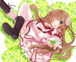  1girl :d asahina_yori blush boots braid brown_footwear clover comiket_90 commentary_request dress eyes_visible_through_hair feet_out_of_frame floating_hair flower four-leaf_clover frilled_dress frilled_sleeves frills green_background green_eyes hair_between_eyes hair_flower hair_ornament happy index_finger_raised juliet_sleeves kanbe_kotori kazamatsuri_institute_high_school_uniform knee_up long_hair long_sleeves looking_at_viewer lying no_ahoge on_back one_eye_closed open_mouth pink_dress puffy_sleeves reaching reaching_towards_viewer red_ribbon rewrite ribbon school_uniform simple_background smile solo sunflower_hair_ornament teeth thighhighs twin_braids tying_footwear upper_teeth_only very_long_hair wavy_hair white_background white_thighhighs wide_sleeves 