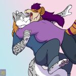  1:1 anthro barefoot breasts clothed clothing duo embrace feet felid female foxenawolf fur gradient_background grey_body grey_fur hair hug male male/female mammal open_mouth orange_body orange_fur pantherine pawpads pink_pawpads purple_hair simple_background snow_leopard tail teeth tiger 