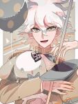  1boy :d :o balloon blonde_hair brown_headwear brown_jacket brown_nails danganronpa_(series) danganronpa_2:_goodbye_despair doll grey_eyes grey_hair hair_between_eyes hat hat_removed headwear_removed holding holding_balloon holding_doll jacket kata_tsumurou komaeda_nagito long_sleeves messy_hair multicolored_background multicolored_hair nail_polish number_hair_ornament polka_dot_balloon smile solo upper_body 