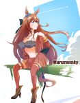  1girl aircraft airplane animal_ears black_bow blue_bow blush bow bra breasts brown_hair character_name chokueji cleavage cloud contrail ear_bow english_commentary green_eyes hair_between_eyes high_heels highres horse_ears horse_girl horse_tail jewelry large_breasts long_hair long_sleeves maruzensky_(blasting_off_summer_night)_(umamusume) maruzensky_(umamusume) navel on_railing open_mouth pendant railing sitting skirt solo tail thighhighs umamusume underwear undressing 