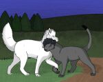  2012 ambiguous_gender black_hair black_nose blue_highlights blue_sky bluekyokitty canid canine canis cel_shading detailed_background digital_drawing_(artwork) digital_media_(artwork) digitigrade duo eyes_closed felid feral feral_with_hair fur grass grey_body grey_fur grey_nose hair hand_holding highlights_(coloring) mammal night outside pantherine paws plant raised_tail romantic romantic_couple sebdoggo shaded sky standing tail tree white_body white_fur wolf 