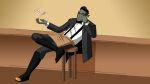  ambiguous_gender black_tie_(suit) boots bow_tie clothing drawfee drawfee_(copyright) footwear furniture hi_res humanoid humanoid_pointy_ears jacket julia_lepetit not_furry orc sitting solo stool suit topwear 