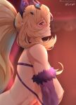  1girl abs absurdres animal_ears barghest_(fate) biceps blonde_hair blush breasts cosplay elbow_gloves fate/grand_order fate_(series) fur-trimmed_gloves fur_trim gloves grin high_ponytail highres horns large_breasts long_hair looking_at_viewer mash_kyrielight mash_kyrielight_(cosplay) mash_kyrielight_(dangerous_beast) mash_kyrielight_(dangerous_beast)_(cosplay) muscular muscular_female nipples purple_gloves red_eyes sidelocks smile solo vilde_loh_hocen wolf_ears 
