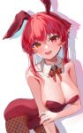  1girl animal_ears bare_shoulders blush bow bowtie breasts cleavage detached_collar fake_animal_ears fishnet_pantyhose fishnets hair_between_eyes hair_ribbon heterochromia highres hololive houshou_marine large_breasts long_hair looking_at_viewer open_mouth pantyhose playboy_bunny rabbit_ears red_bow red_bowtie red_eyes red_hair ribbon smile solo suiso_kurage_(user_ncer3537) twintails virtual_youtuber yellow_eyes 