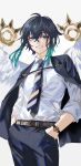  1boy :d angel_wings aqua_hair belt black_hair black_necktie black_pants blush braid collared_shirt cowboy_shot crossed_bangs fractalmagnolia genshin_impact gradient_hair green_eyes grin hair_between_eyes hands_in_pockets looking_at_viewer male_focus multicolored_hair necktie pants shirt side_braids simple_background sleeves_rolled_up smile solo suit twin_braids two-tone_hair venti_(genshin_impact) watch white_background white_shirt wings wristwatch 