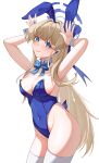  1girl absurdres animal_ears armpits arms_up bare_arms bare_shoulders blonde_hair blue_archive blue_bow blue_bowtie blue_eyes blue_leotard bow bowtie breasts cleavage commentary_request covered_navel cowboy_shot detached_collar ederh fake_animal_ears groin highres large_breasts leotard long_hair looking_at_viewer rabbit_ears simple_background smile solo standing strapless strapless_leotard thighhighs thighs toki_(blue_archive) very_long_hair white_background white_thighhighs 