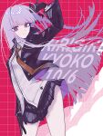  1girl arm_up beri_ame black_gloves black_ribbon blunt_bangs braid breasts brown_necktie character_name closed_mouth collared_shirt cowboy_shot danganronpa:_trigger_happy_havoc danganronpa_(series) dated gloves hair_ribbon highres jacket kirigiri_kyoko leaning_to_the_side long_hair long_sleeves looking_at_viewer miniskirt necktie open_clothes open_jacket pale_skin purple_eyes purple_hair purple_jacket red_background ribbon shirt side_braid skirt small_breasts solo 