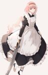  1girl apron dress fire_emblem fire_emblem_engage full_body hairband highres holding holding_sword holding_weapon lapis_(fire_emblem) long_dress long_sleeves looking_at_viewer maid maid_apron pink_eyes pink_hair short_hair simple_background solo sword weapon white_background wspread 