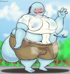  2023 anthro arrow_sign axoarts big_butt black_eyes blue_body blue_tail blush blush_lines bodily_fluids bottomwear brown_bottomwear brown_clothing brown_shorts buddy_(axoarts) bulge butt clothing cloud digital_media_(artwork) drooling duo embrace english_text generation_2_pokemon half-closed_eyes hug huge_butt humanoid inside_clothing looking_pleasured male moobs musk narrowed_eyes nintendo nipples obese obese_anthro obese_male on_ground outside overweight overweight_anthro overweight_male plant pokemon pokemon_(species) quagsire ring ring_(jewelry) saliva shirt shorts standing sweat t-shirt tail text thick_thighs three-quarter_view tongue topwear tree wet wet_clothing white_body white_clothing white_shirt white_t-shirt white_topwear 
