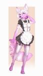  2023 anthro canid canine clothed clothing digital_media_(artwork) female fully_clothed fur hair hi_res maid_uniform mammal open_mouth open_smile pink_body pink_fur pink_stripes smile solo standing stripes uniform white_body white_fur white_hair yshanii 