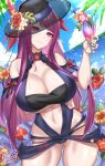  1girl absurdres bandeau bare_shoulders black_headwear blue_sky breasts cleavage cloud commentary cowboy_shot cup day drinking_glass fire_emblem fire_emblem_engage fire_emblem_heroes flower hand_up hat hat_flower head_tilt hibiscus highres holding holding_cup ivy_(fire_emblem) large_breasts looking_at_viewer mole mole_under_mouth navel nez-box official_alternate_costume orange_flower pink_flower purple_eyes purple_hair red_flower sky smile solo standing stomach thighs 