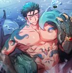  1boy abs air_bubble bara bubble doku_(hitori_ox) extra_eyes fins fish_boy heart highres large_pectorals long_sideburns male_focus merman monster_boy monsterification muscular muscular_male nude octopus_tattoo out-of-frame_censoring pectorals protagonist_3_(housamo) red_eyes short_hair sideburns smile solo spoken_heart stomach_tattoo tattoo tentacles thick_eyebrows tokyo_afterschool_summoners underwater 