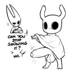  angry annoyed aroused arthropod balls big_penis cloak clothing crossed_arms dialogue duo erection female genitals hi_res hollow_knight horn hornet_(hollow_knight) hotpixa huge_penis humanoid insect male male/female mask penis short_stack showing_penis sketch team_cherry text the_knight_(hollow_knight) vessel_(species) white_mask 