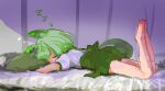  1girl absurdres barefoot blush closed_eyes commentary facing_viewer feet_up from_side full_body green_hair green_shorts head_on_pillow highres kabuyama_kaigi long_hair low_ponytail lying object_hug on_bed on_stomach one_eye_covered open_mouth pillow pillow_hug puffy_short_sleeves puffy_shorts puffy_sleeves purple_curtains shirt short_sleeves shorts sleeping solo very_long_hair voicevox white_shirt zundamon zzz 