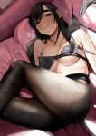  1girl absurdres ass black_hair black_pantyhose blush bra breasts brown_eyes character_request cleavage closed_mouth collarbone feet_out_of_frame ganbare_douki-chan grey_bra heart highres large_breasts long_hair looking_at_viewer lying mole mole_on_breast mole_under_eye on_back pantyhose pupi_(rain_prophet) smile solo steaming_body strap_slip thighs underboob underwear yes yes-no_pillow 
