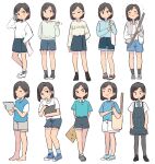  1girl :t apron bag barefoot black_eyes black_hair black_pantyhose black_skirt blue_apron blue_shirt blue_shorts blue_skirt blue_sweater_vest bob_cut brown_sweater_vest carrying casual closed_eyes closed_mouth clothes_writing commentary crossed_ankles do_it_yourself!! do_it_yourself!!_(drama) dress_shirt frown green_necktie grey_shorts handbag heel_up highres holding holding_behind_back jacket looking_at_viewer medium_skirt miniskirt motion_lines multiple_views necktie notice_lines open_clothes open_jacket pantyhose pleated_skirt polo_shirt school_uniform shirt short_hair short_sleeves shorts simple_background skirt smile standing suride_miku sweater_vest swept_bangs t-shirt tsubobot v-neck waving white_background white_jacket white_shirt white_shorts wing_collar 