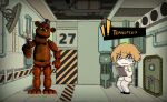  ! !! 1boy air_vent animal_ears bear_ears caution_tape chibi clipboard colored_skin crying crying_with_eyes_open door english_commentary english_text five_nights_at_freddy&#039;s freddy_fazbear full_body furrowed_brow game_screenshot_background gameplay_mechanics hair_between_eyes hat head_tilt holding holding_clipboard holding_microphone indoors industrial_pipe limbus_company lobotomy_corporation male_focus microphone mini_hat official_art_inset open_mouth orange_hair porthole project_moon robot scared short_hair sinclair_(limbus_company) solo sweat sweating_profusely tears top_hat trembling wavy_mouth white_skin zygyzy_031 