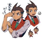  1boy :d ace_attorney antenna_hair apollo_justice bracelet brown_eyes brown_hair chibi chibi_inset closed_eyes closed_mouth collared_shirt cropped_torso cross-eyed emoticon forked_eyebrows green_necktie grgrton highres jewelry lapel_pin lapels looking_at_viewer male_focus multiple_views necktie no_mouth no_nose open_mouth pants pocket pointing_at_forehead red_pants red_vest shirt short_hair simple_background sleeves_rolled_up smile sweatdrop upper_body vest white_background white_shirt 