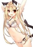  1girl animal_ear_fluff animal_ears arm_behind_head arm_up blonde_hair bra cat_ears cat_girl cat_tail cowboy_shot dutch_angle fang flower hair_between_eyes hair_flower hair_ornament highres light_blush looking_at_viewer navel open_mouth original panties red_eyes saeki_touma side-tie_panties simple_background skin_fang smile solo standing stretching tail twintails underwear underwear_only white_background white_bra white_panties 