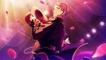  1boy closed_mouth ensemble_stars! from_below happy_elements hat headset holding holding_clothes holding_hat human_comedy_(ensemble_stars!) indoors itsuki_shu long_sleeves looking_at_viewer male_focus official_art petals pink_hair purple_eyes short_bangs short_hair sideways_glance solo third-party_source top_hat upper_body 