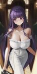 1girl 1other :t absurdres averting_eyes bare_shoulders blunt_bangs blurry blurry_background blush breasts bright_pupils cleavage collarbone commentary_request covered_navel dress fern_(sousou_no_frieren) half_updo highres holding holding_clothes large_breasts long_dress long_hair pov pov_doorway purple_eyes purple_hair ribbed_dress sheng_zhidou solo_focus sousou_no_frieren strapless strapless_dress very_long_hair white_pupils 