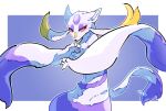  ambiguous_gender anthro black_nose claws eyelashes fighting_pose fur generation_5_pokemon hi_res inner_ear_fluff mienshao nintendo ohayou_milk pokemon pokemon_(species) pose purple_body purple_fur red_eyes simple_background solo standing tail tuft white_body white_ears white_fur white_inner_ear_fluff yellow_body yellow_fur 