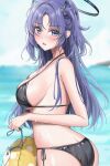  1girl amyu_(amm_asl_pa) ass bare_shoulders beach bikini black_bikini blue_archive blush breasts halo highres long_hair looking_at_viewer medium_breasts open_mouth outdoors purple_eyes purple_hair side-tie_bikini_bottom sideboob swimsuit yuuka_(blue_archive) 