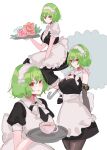  apron breasts cleavage closed_mouth commentary cup elbow_gloves flower gloves green_hair highres holding holding_tray holding_umbrella kazami_yuuka large_breasts looking_at_viewer maid maid_headdress multiple_views petticoat pink_flower red_eyes short_hair short_sleeves simple_background tohoyuukarin touhou tray umbrella white_apron white_background white_umbrella 