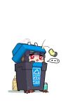  ... 1girl ^^^ animal_ears black_gloves black_hair blue_archive botro can chibi fake_animal_ears gloves halo in_trash_can leaf miyu_(blue_archive) open_mouth rabbit_ears red_eyes solo speed_lines spoken_ellipsis tearing_up thermos trash_can 