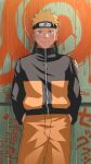  1boy black_jacket blonde_hair blue_eyes blush closed_mouth facial_mark forehead_protector hands_in_pockets highres jacket looking_at_viewer male_focus multicolored_clothes multicolored_jacket naruto naruto_(series) naruto_shippuuden orange_jacket orange_pants pants shiba_yuuji short_hair smile solo spiked_hair uzumaki_naruto whisker_markings 