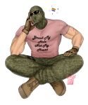  1boy bara brown_gloves call_of_duty call_of_duty:_modern_warfare_2 camouflage camouflage_pants gloves green_pants highres horangi_(modern_warfare_2) indian_style large_pectorals lgbt_pride male_focus mask muscular muscular_male ojiisan01 pants pectorals pink_shirt rainbow_flag shirt simple_background sitting solo sunglasses white_background 