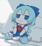 1girl absurdres bed_sheet blue_bow blue_dress blue_eyes blue_footwear blue_hair blush_stickers bow cirno closed_mouth collared_shirt dress fairy fumo_(doll) hair_bow highres ice ice_wings kame_(kamepan44231) pillow pinafore_dress shirt shoes short_hair short_sleeves sleeveless sleeveless_dress smile solo touhou white_shirt wings 