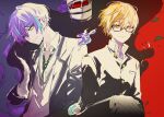  2boys aqua_hair bespectacled blazer blonde_hair buttons closed_mouth collared_shirt diagonal-striped_necktie gakuran glasses hair_between_eyes jacket kamishiro_rui lapels leaf long_sleeves looking_at_viewer male_focus multicolored_hair multiple_boys notched_lapels official_alternate_costume official_alternate_hairstyle open_clothes open_collar open_jacket orange_eyes project_sekai purple_hair school_uniform shirt short_hair split_mouth streaked_hair suou_(sdurorhr) sweater tenma_tsukasa two-tone_hair upper_body yellow_eyes 