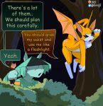  anthro asian_clothing bat blue_body blue_fur canid canine canis clothing detailed_background dialogue duo dust:_an_elysian_tail dust_(elysian_tail) english_text female fidget_(elysian_tail) flying forest fur hat headgear headwear hi_res jarnqk male mammal melee_weapon nimbat orange_body orange_fur plant shrub speech_bubble sword text tree weapon white_body white_fur wolf 