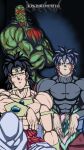  3boys abs absurdres arm_rest armlet artist_name bio_broly black_eyes black_hair blank_eyes broly_(dragon_ball_super) broly_(dragon_ball_z) circlet commentary couch crossed_arms dragon_ball dragon_ball_super dragon_ball_super_broly dragon_ball_z dual_persona english_commentary frown highres jewelry kinzokumatto male_focus multiple_boys muscular muscular_male neck_ring nude red_eyes shirt sitting tight tight_shirt topless_male turtleneck vambraces watermark 