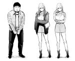  1boy 1girl black_coat black_footwear black_hair black_pants black_skirt boots casual closed_eyes closed_mouth coat comic_anthurium gyaru jacket kogal long_hair long_sleeves monochrome off_shoulder original pants reido1177 shirt short_hair simple_background skirt white_background white_hair white_jacket white_shirt 