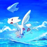  :d absurdres carrying cloud commentary_request day evolutionary_line flying highres no_humans open_mouth outdoors pokemon pokemon_(creature) raid_(donghyeok) sky smile togekiss togepi togetic tongue water 