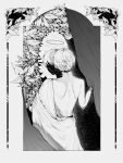  1boy bedemientay1802 commentary_request curtains different_reflection from_behind greyscale halo highres leaf male_focus mirror monochrome original plant reflection shoulder_blades solo toga vietnamese_commentary 
