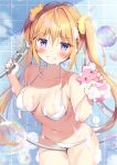  &gt;_&lt; 1girl bare_arms bare_shoulders between_thighs bikini blonde_hair blush breasts bubble collarbone commentary_request grin holding long_hair looking_at_viewer medium_breasts navel original pan_(mimi) purple_eyes shower_head smile solo sponge swimsuit tile_wall tiles twintails very_long_hair white_bikini 