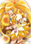  1girl blonde_hair blush bow bow_choker brooch bun_(jewd5385) choker commentary_request cure_sunshine earrings flower_earrings heart_brooch heartcatch_precure! highres jewelry long_hair magical_girl midriff myoudouin_itsuki navel one_eye_closed precure puffy_short_sleeves puffy_sleeves short_sleeves skirt smile solo twintails very_long_hair wrist_cuffs yellow_bow yellow_choker yellow_eyes 