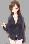  1girl black_shirt blue_panties blush breasts brown_eyes brown_hair cleavage closed_mouth collarbone cowboy_shot dot_nose gen_(enji) grey_background hand_up idolmaster idolmaster_cinderella_girls idolmaster_cinderella_girls_starlight_stage long_hair long_sleeves looking_at_viewer medium_breasts nitta_minami no_bra panties partially_unbuttoned shirt shy simple_background smile solo standing twintails underwear 